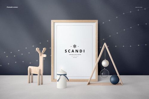 Front view of a SCANDI Christmas PSD mockup featuring a wooden reindeer, framed artwork, and festive ornaments.