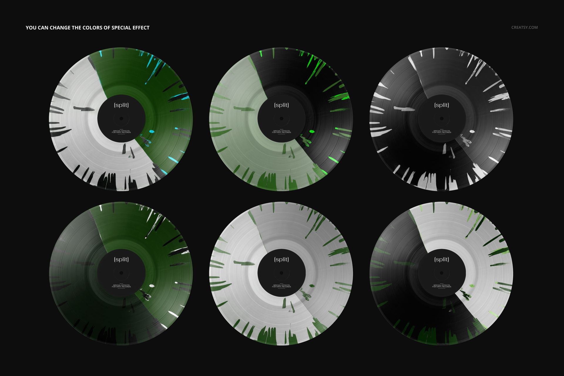 PSD mockup showing six vinyl records with abstract splatter designs in green, black, and white, arranged in two rows.