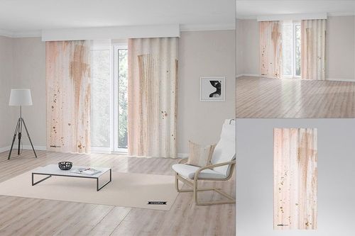 Curtains room scene mockup showing pale patterned curtains, sheer curtain, pillow, and minimal furniture in neutral tones.