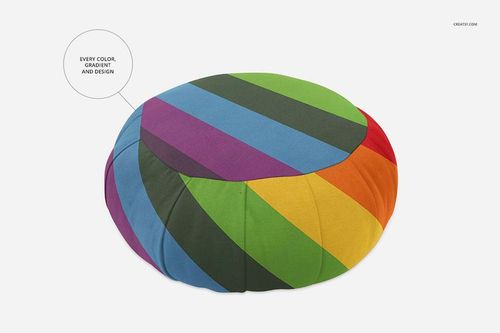 Colorful meditation cushion mockup featuring bold diagonal stripes in green, blue, purple, and orange on a white backdrop.