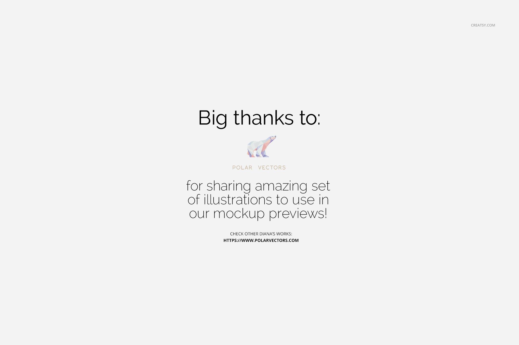 Centered text on a white background thanking Polar Vectors for sharing illustrations used in mockup previews.