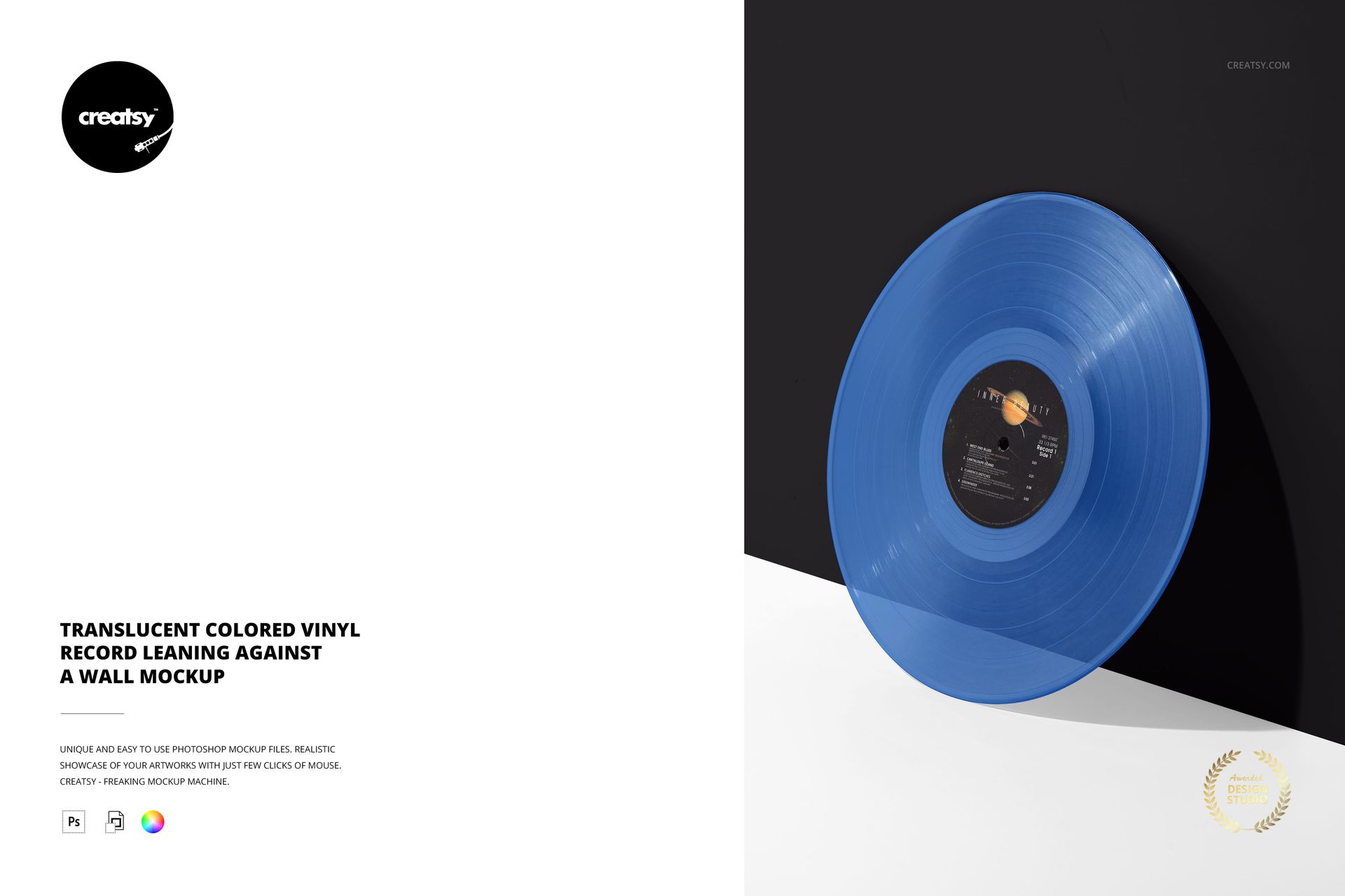 Blue translucent vinyl record mockup displayed leaning against a dark wall, viewed from the front on a white background.