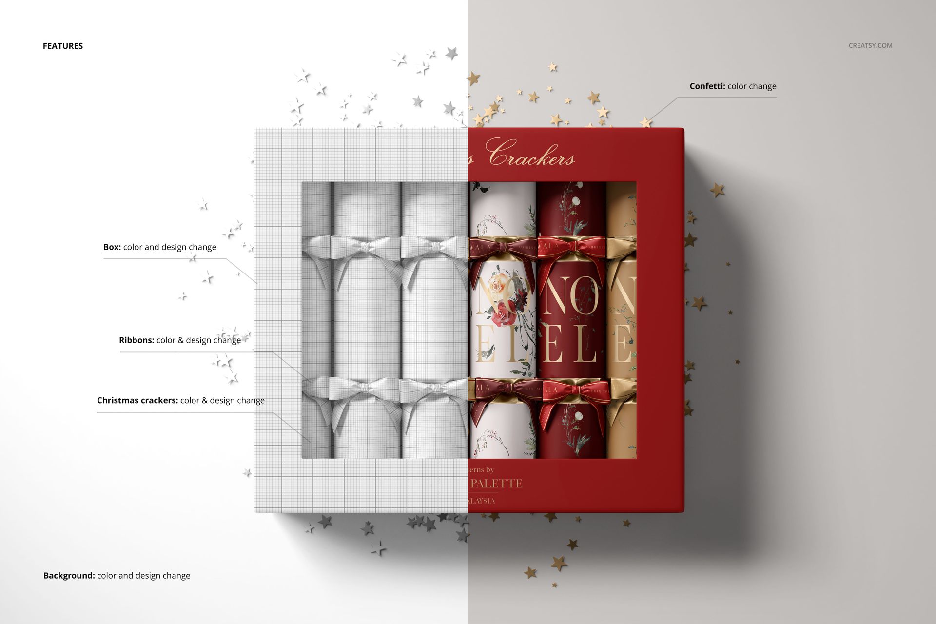 Top view of a Christmas cracker box mockup with five holiday crackers, festive ribbons, and scattered gold confetti.