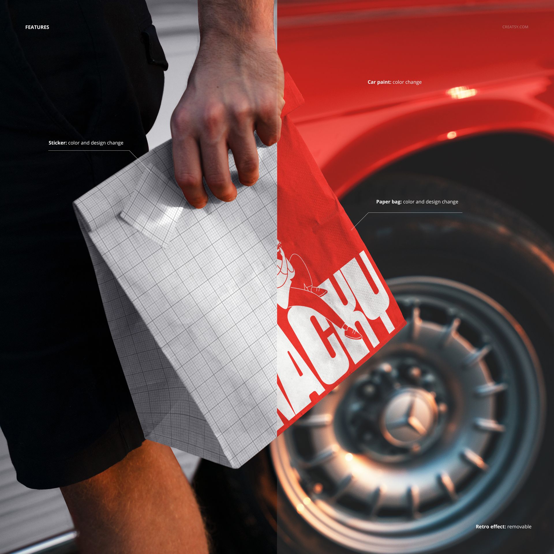 Close-up of a person holding a paper bag mockup with half grid and half red print, next to a shiny car wheel.