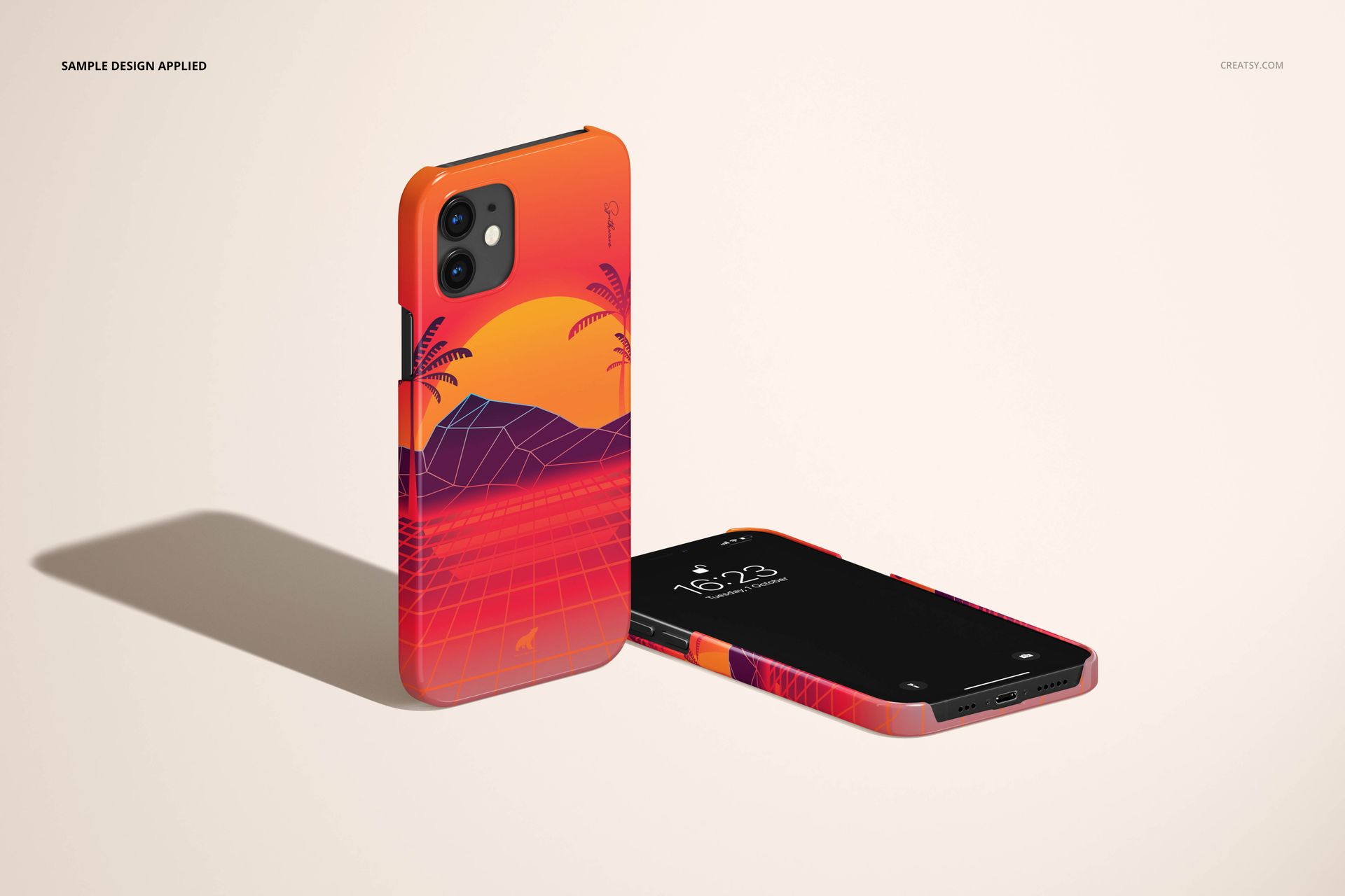 PSD mockup of iPhone 12 cases with a colorful geometric sunset pattern, presented in vertical and horizontal views against a pale backdrop.