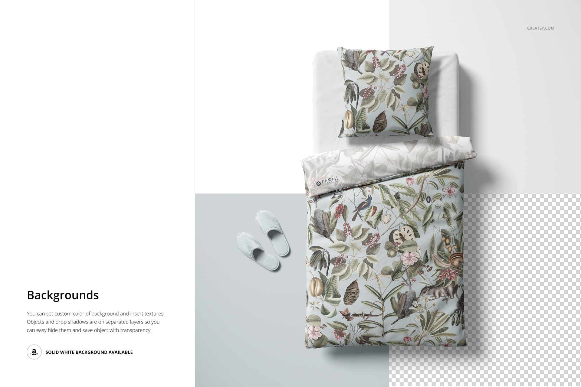Floral bedding set mockup featuring a 135x200 cm duvet and 80x80 cm pillow, displayed from above with slippers nearby.