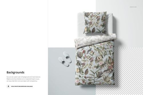 Floral bedding set mockup featuring a 135x200 cm duvet and 80x80 cm pillow, displayed from above with slippers nearby.