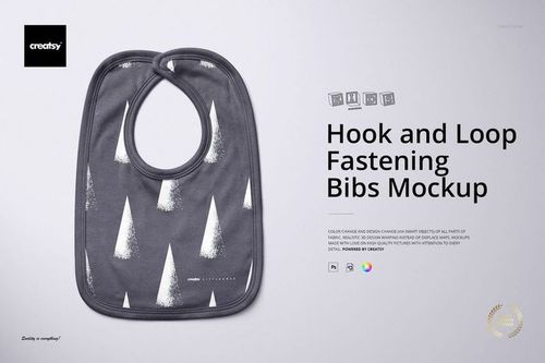 Front view of a rounded rectangular baby bib mockup with hook and loop fastening, featuring a gray fabric and white abstract tree pattern.