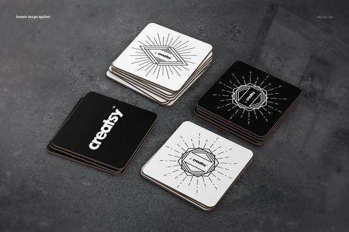 Stacked rectangular coasters mockup displayed from an angled view, featuring monochrome geometric patterns.