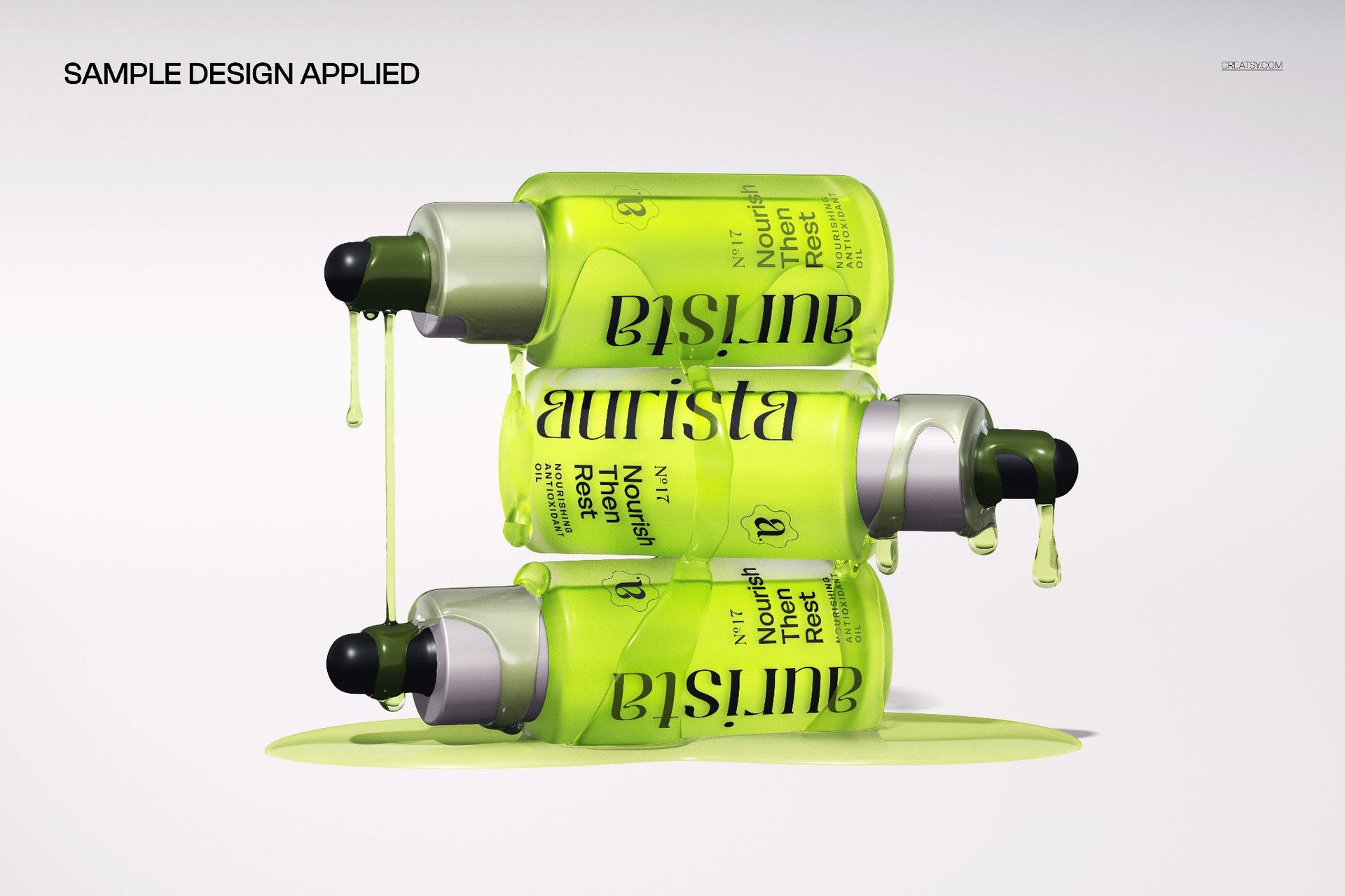 Stacked neon green dropper bottles mockup with liquid dripping, shown from the front on a white surface.