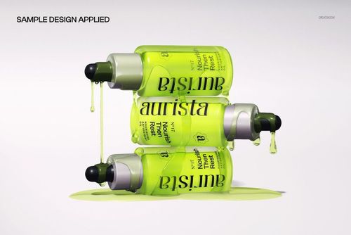 Stacked neon green dropper bottles mockup with liquid dripping, shown from the front on a white surface.