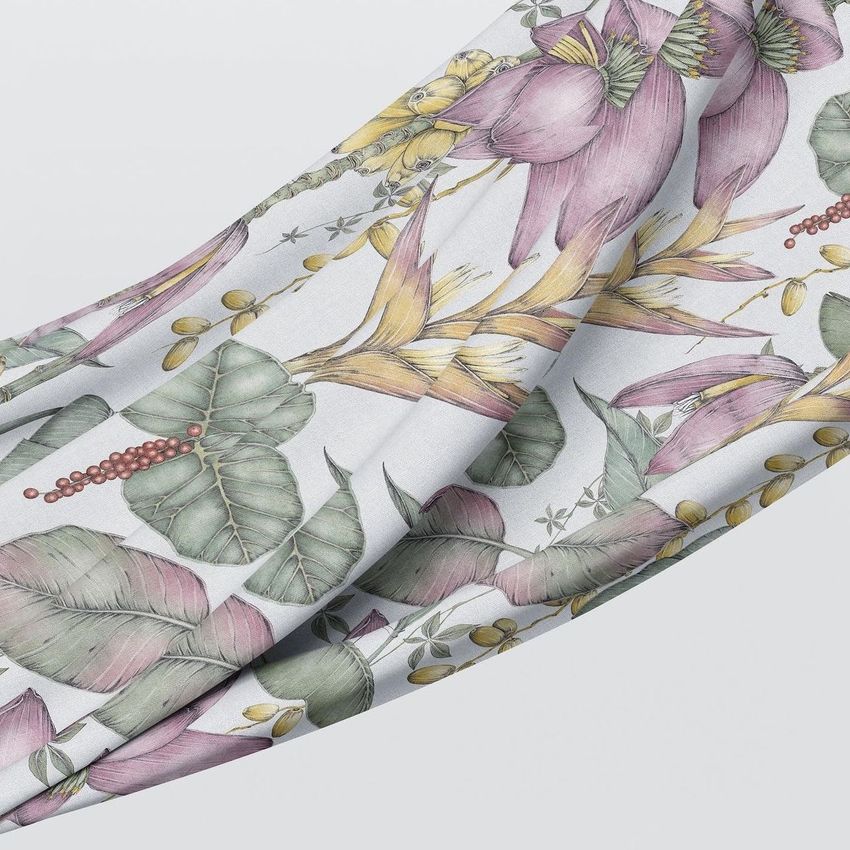 Floating fabric mockup featuring a draped textile with an exotic floral and leaf pattern in muted pink, green, and yellow tones.