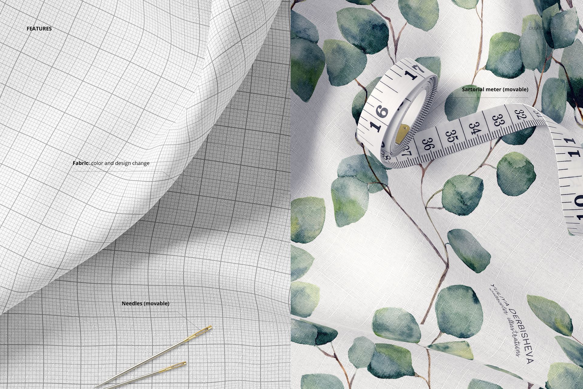 Close-up of cotton fabric mockup featuring a grid pattern on the left and a leafy watercolor design on the right.