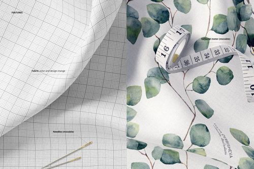 Close-up of cotton fabric mockup featuring a grid pattern on the left and a leafy watercolor design on the right.