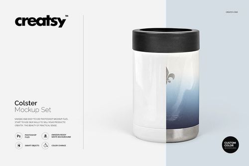 Colster PSD mockup showing a drinkware item with a black top, blue to white gradient, and minimalist emblem.