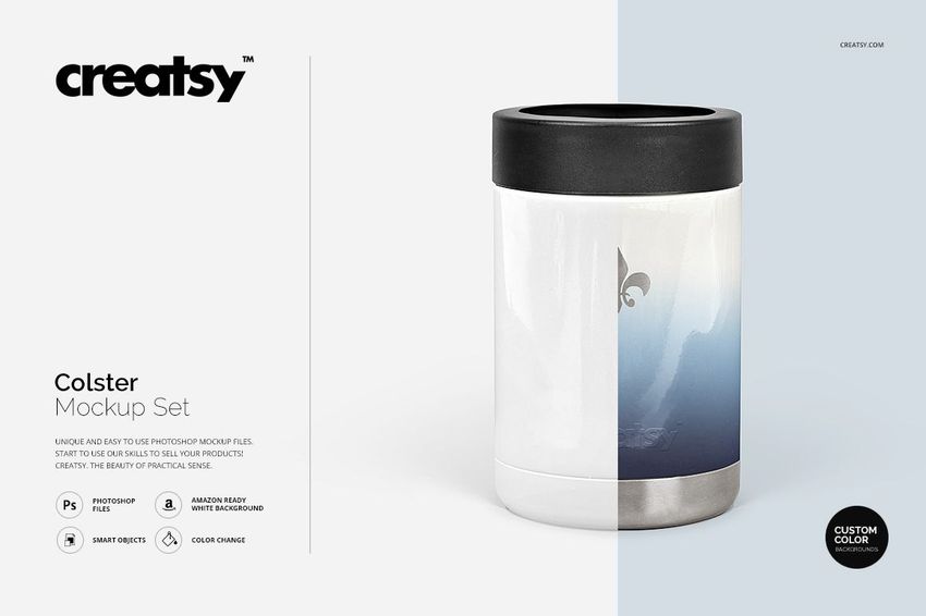 Colster PSD mockup showing a drinkware item with a black top, blue to white gradient, and minimalist emblem.