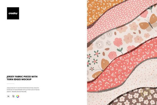 PSD mockup of overlapping jersey fabric pieces with rough edges, showing a mix of orange, pink, and cream floral designs.