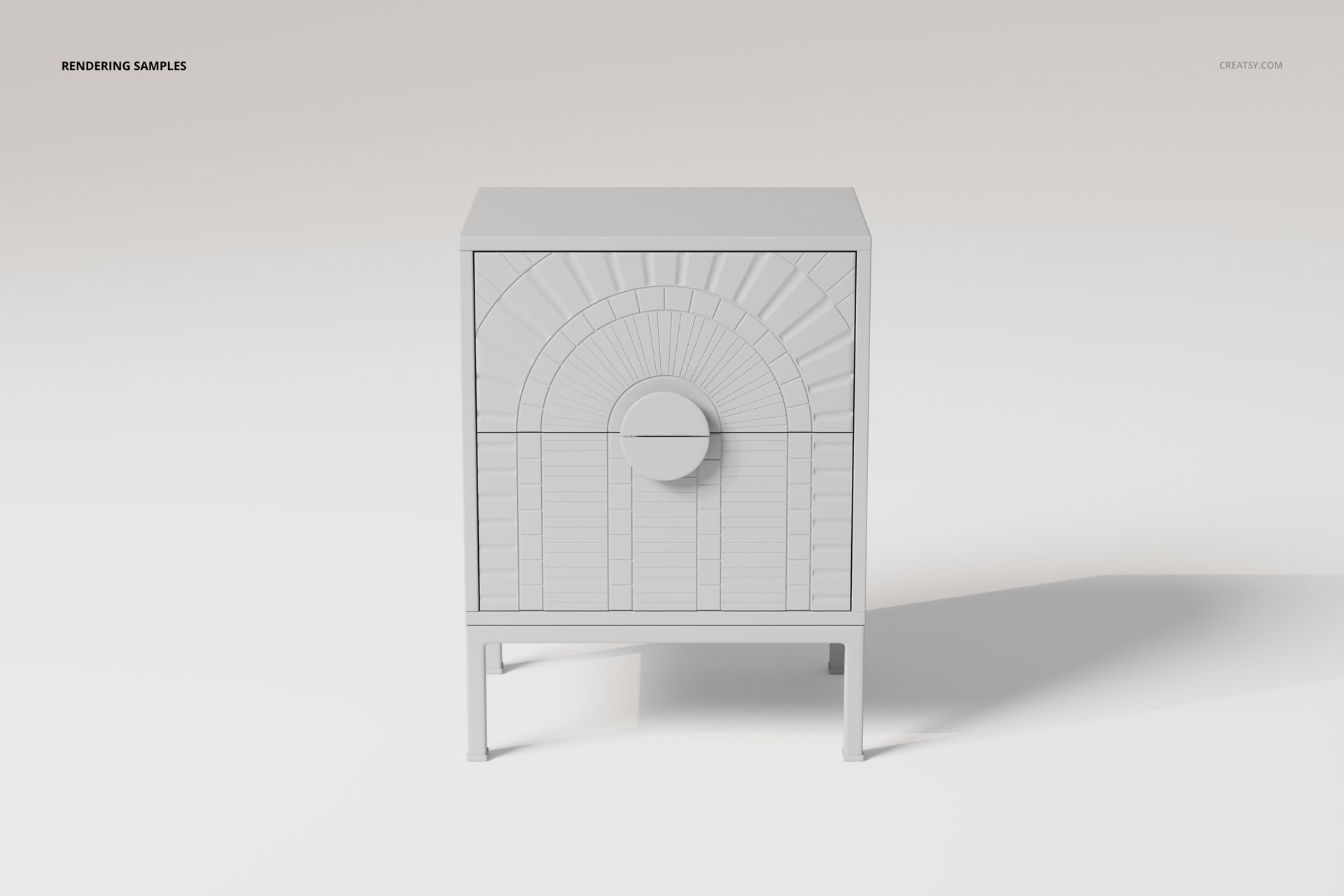 Front view of an art deco nightstand with geometric patterns on the drawer, rendered in neutral gray tones on a plain background.