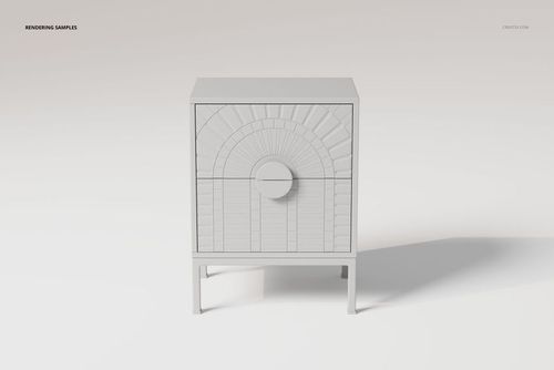 Front view of an art deco nightstand with geometric patterns on the drawer, rendered in neutral gray tones on a plain background.