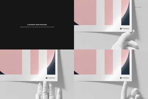A3 fine art print mockup with geometric pink and black design, shown in three hand positions on a light background.