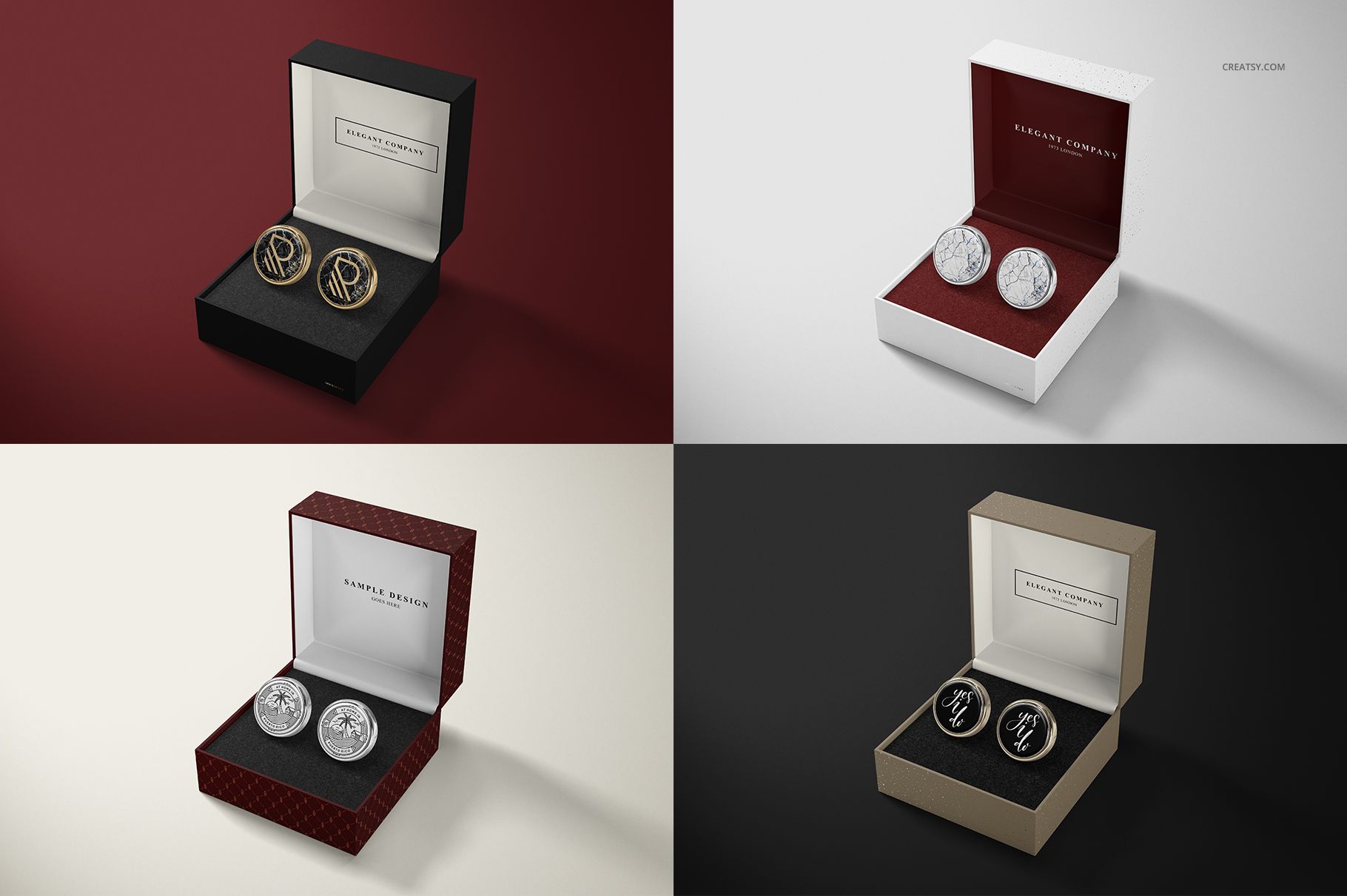 Cufflinks mockup featuring four open boxes in various shades, each containing a pair of round cufflinks.