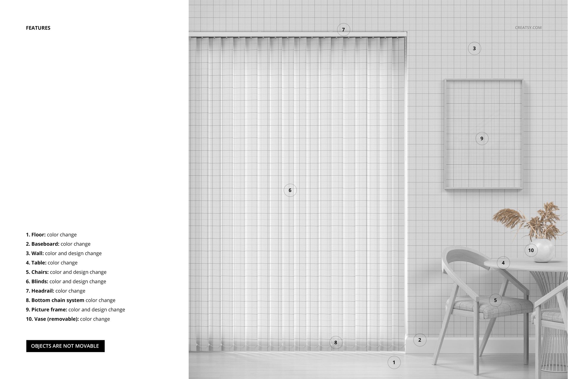 Vertical blinds mockup in a modern dining room with light gray grid pattern walls, wooden table, and chairs.