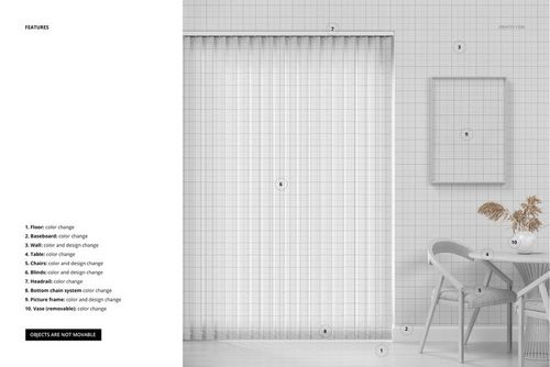 Vertical blinds mockup in a modern dining room with light gray grid pattern walls, wooden table, and chairs.