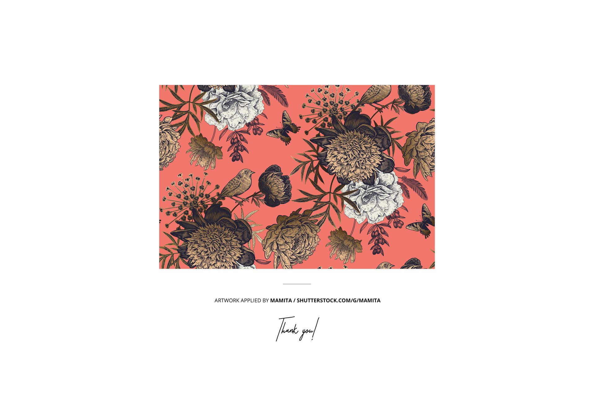 Rectangular mockup scene showing a floral and bird pattern on a coral background, viewed from the front.