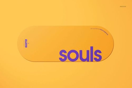 PSD mockup of an oval yoga mat on a solid orange surface, displaying large purple lettering and simple graphics.