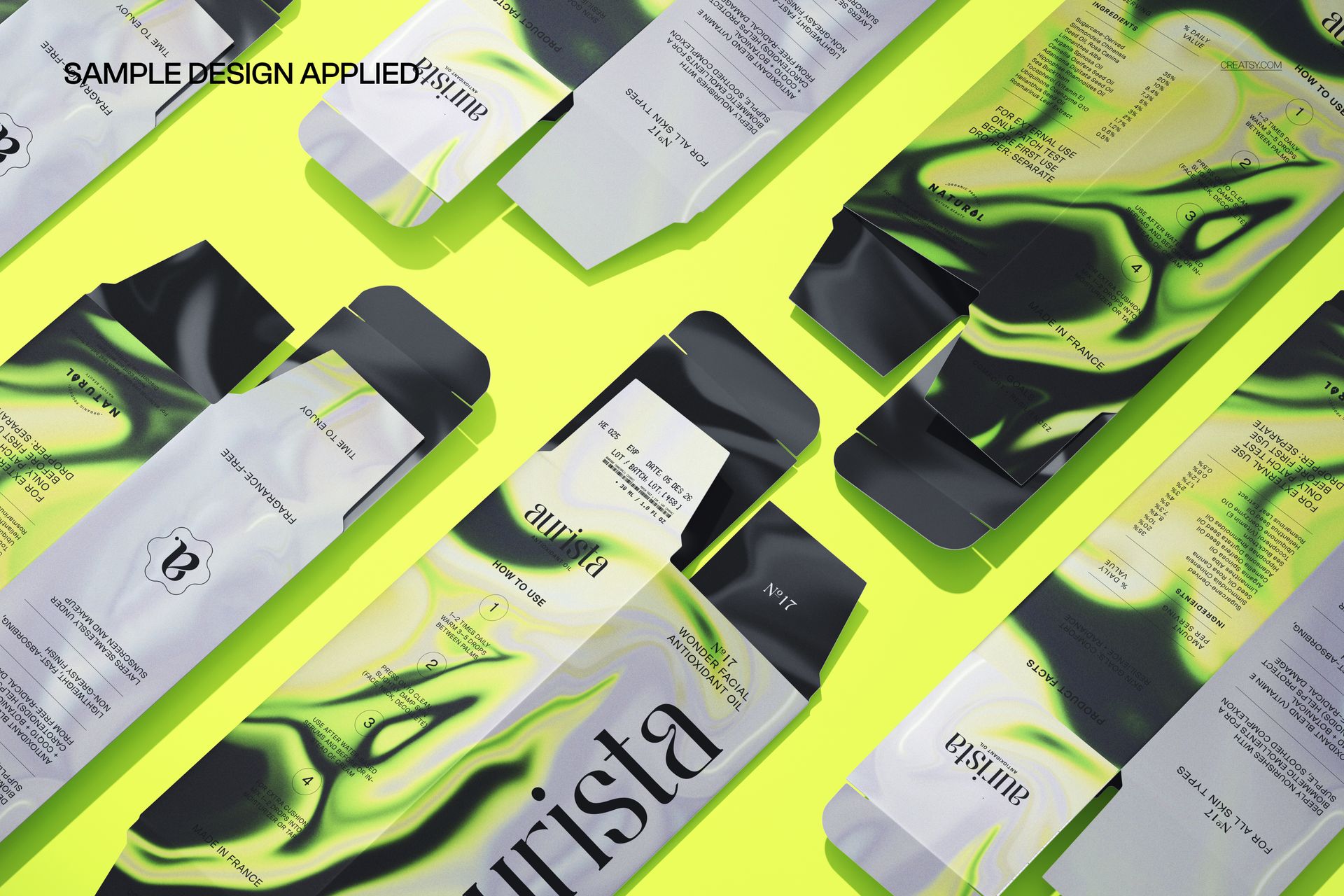 PSD mockup showing multiple unfolded packaging boxes with vivid green and black artwork, viewed from above.