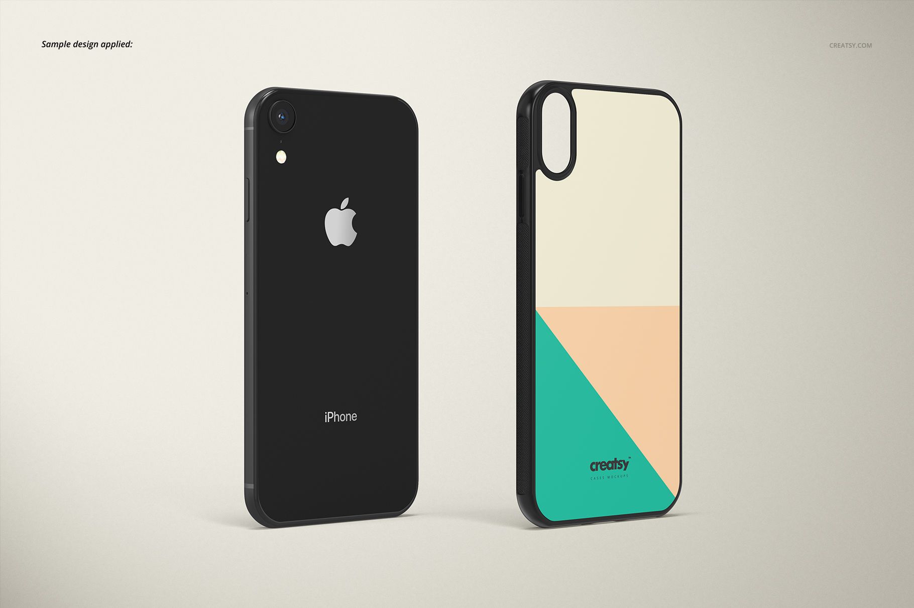 iPhone XR 2D case mockup showing a black case and a case with beige, mint, and peach geometric design, upright on neutral backdrop.