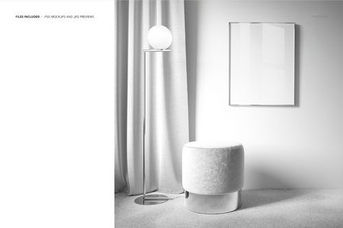 PSD mockup of a home interior with a soft ottoman, sleek lamp, empty wall art, and neutral decor elements.