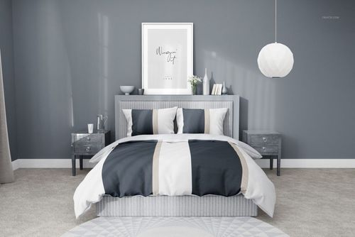 PSD mockup showing a contemporary bedroom setup with striped bedding, two nightstands, and a framed wall print.
