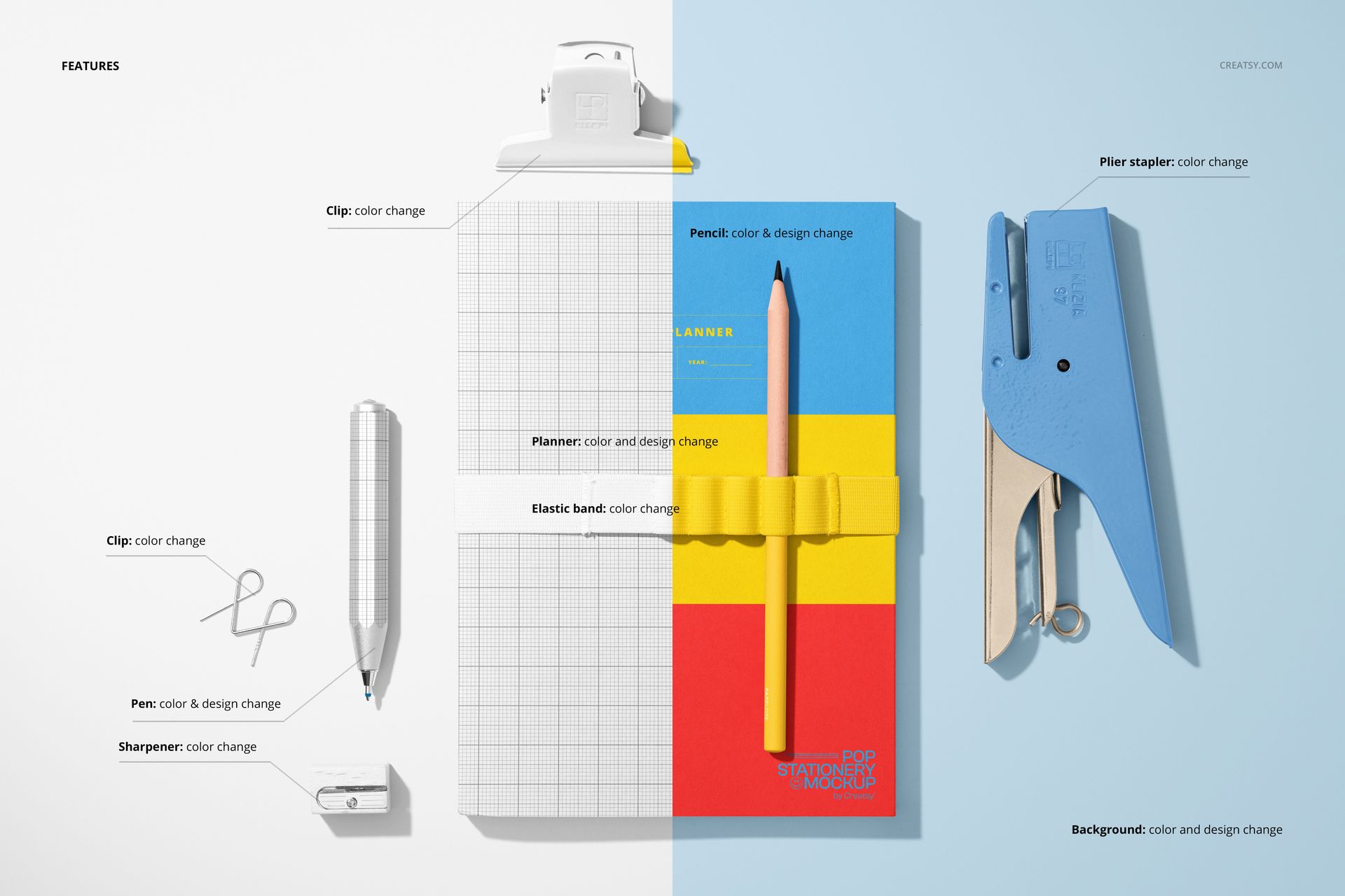 Stationery mockup featuring a notebook, pencil, and assorted clip accessories arranged on a light background, top view.