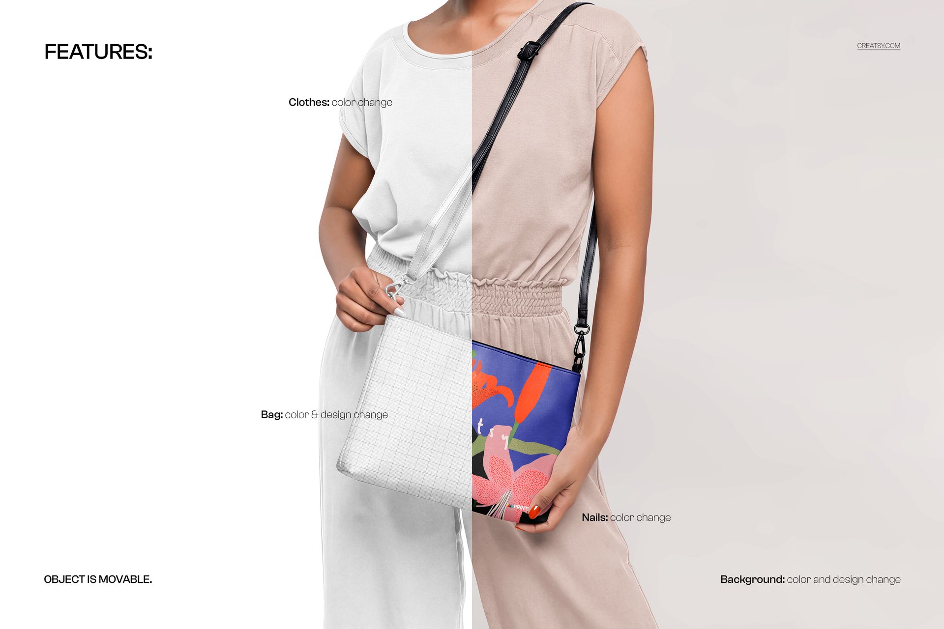 PSD mockup showing two crossbody handbags, one with a minimalist grid and the other with a bold floral pattern, displayed by models.