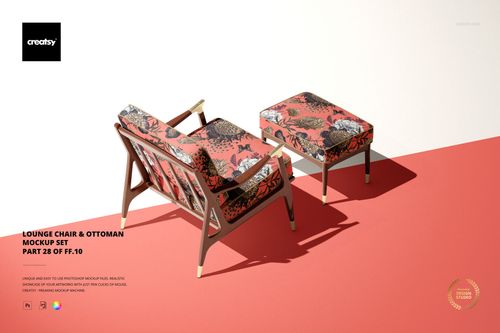 PSD mockup of a lounge chair and ottoman featuring a bold red and black botanical print, displayed on a split color floor.