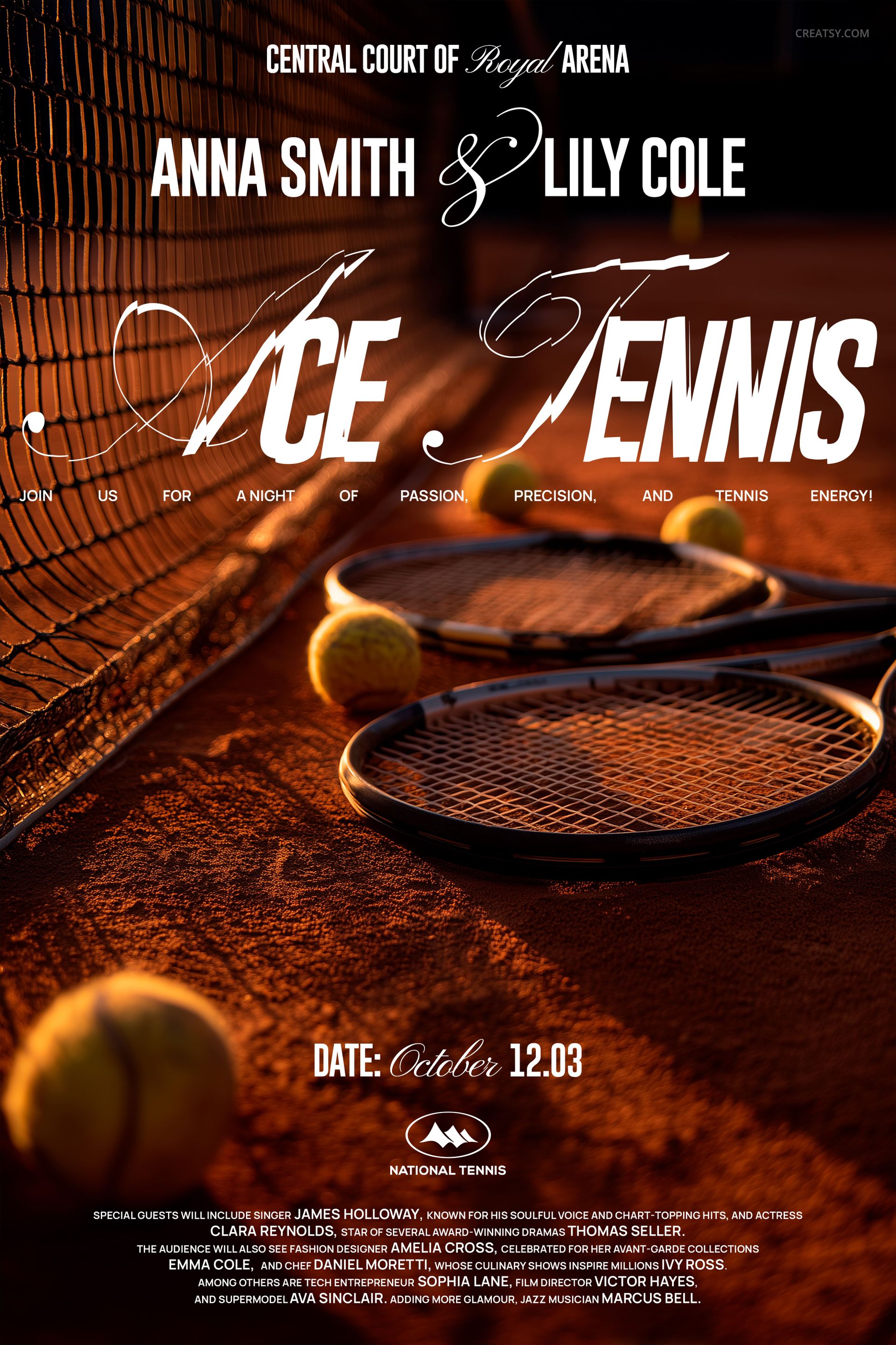 Front view of a tennis poster mockup featuring tennis balls and a racket on a clay court with dramatic lighting.