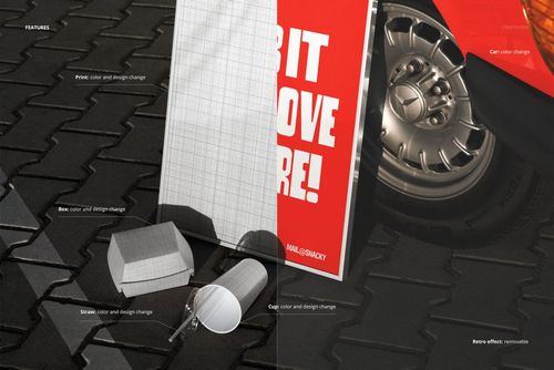 Fast food burger packaging mockup with a poster and a car, shown on a dark pavement with editable design elements.