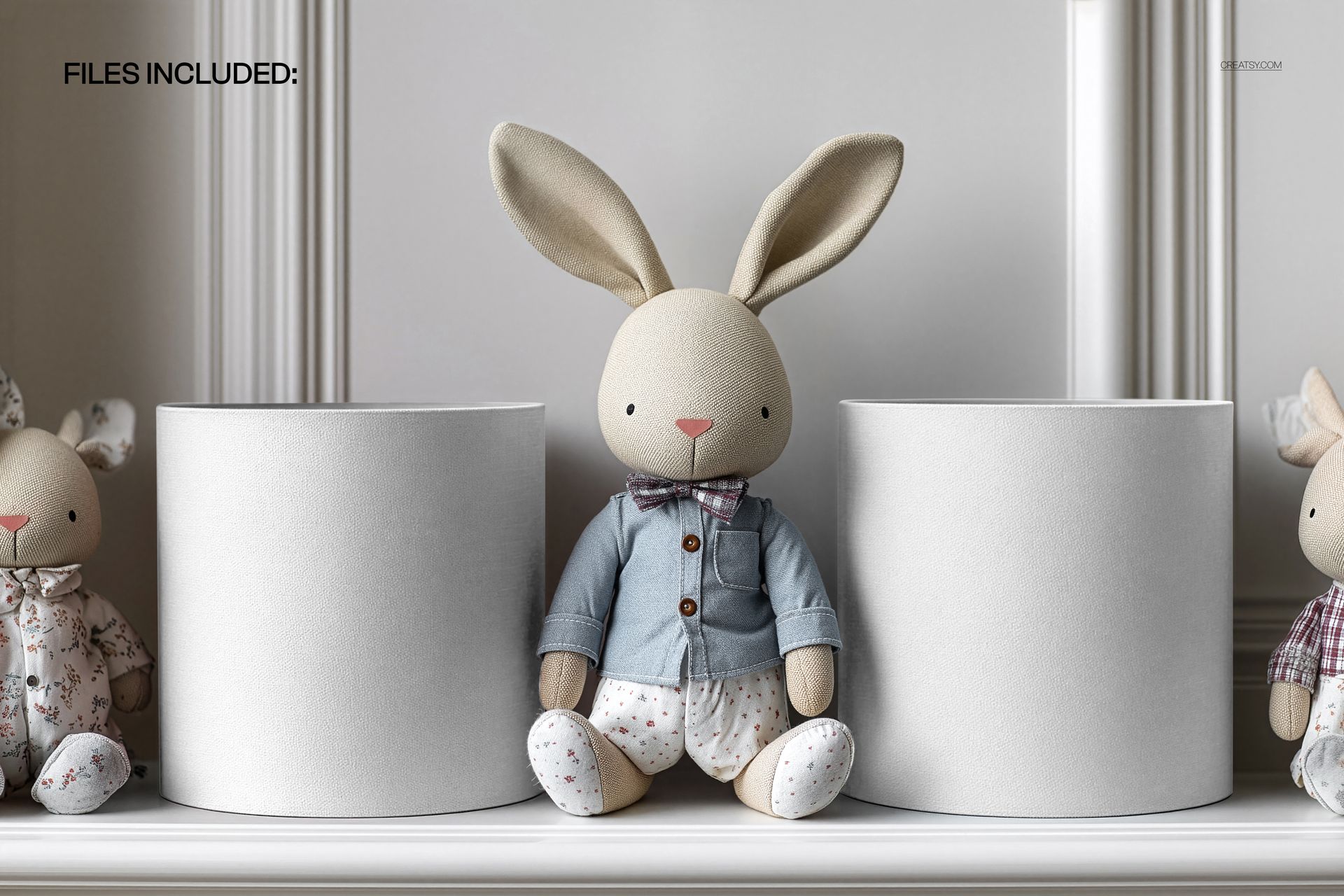 Kids Room Drum Lampshades with Plush Bunny Mockup - mockup screenshot 2