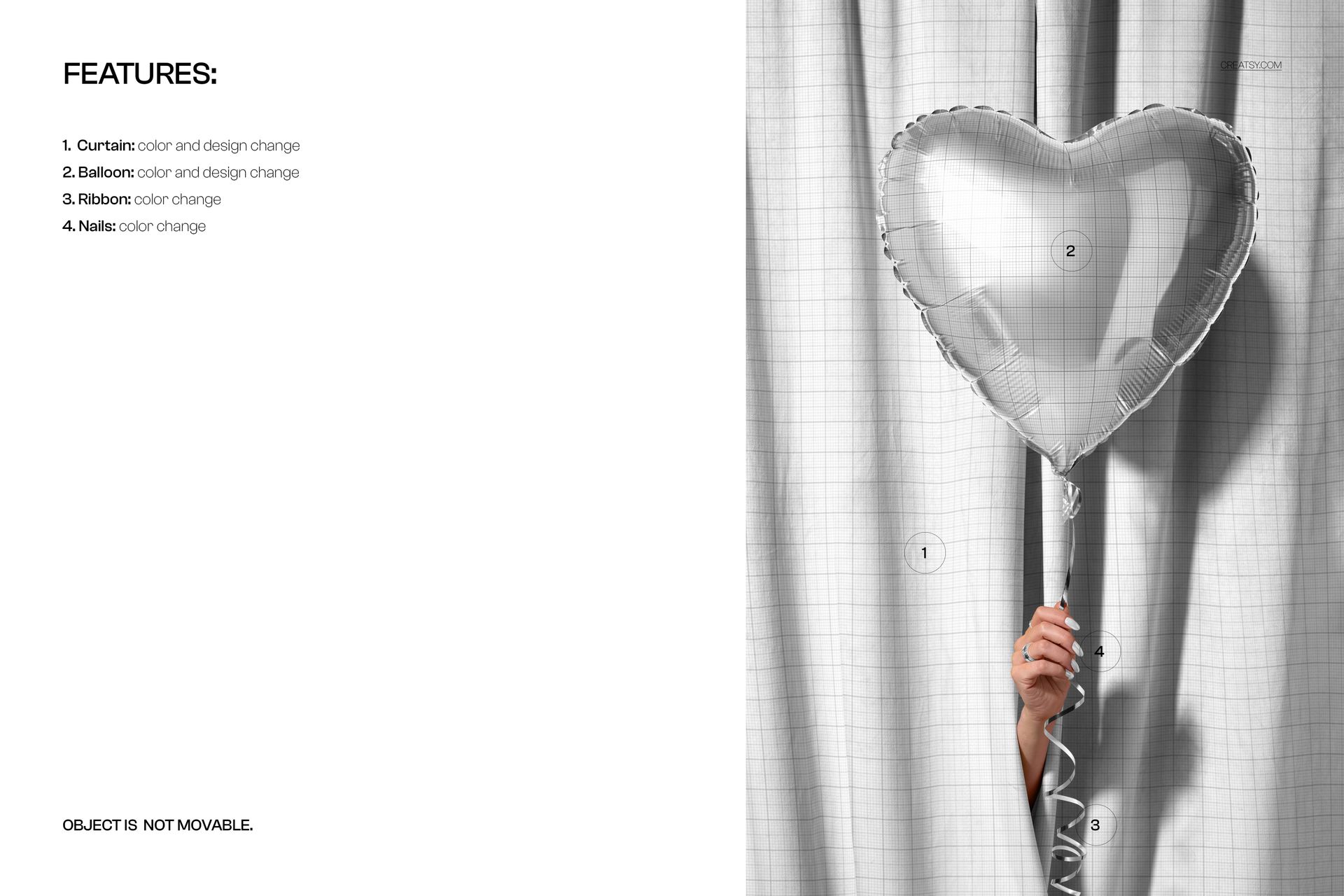 PSD mockup showing a heart-shaped balloon held by a hand, set before a light-colored velvet curtain.