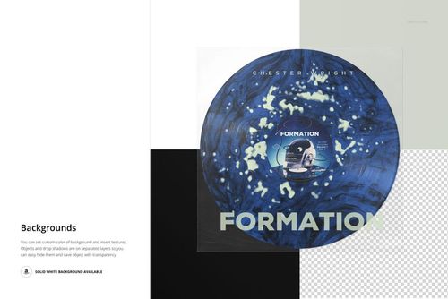 Blue and white marbled vinyl record mockup in a clear sleeve, shown from a top view on a multi-colored background.