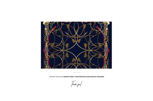 Square chiffon silk scarf mockup featuring an ornate gold and red pattern on a dark blue background, shown flat.