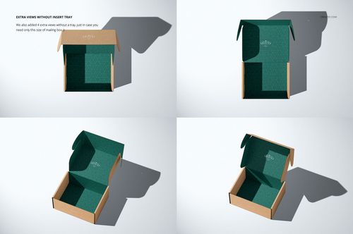Mailing box mockup set showing four kraft cardboard boxes with green interiors, displayed from various angles.