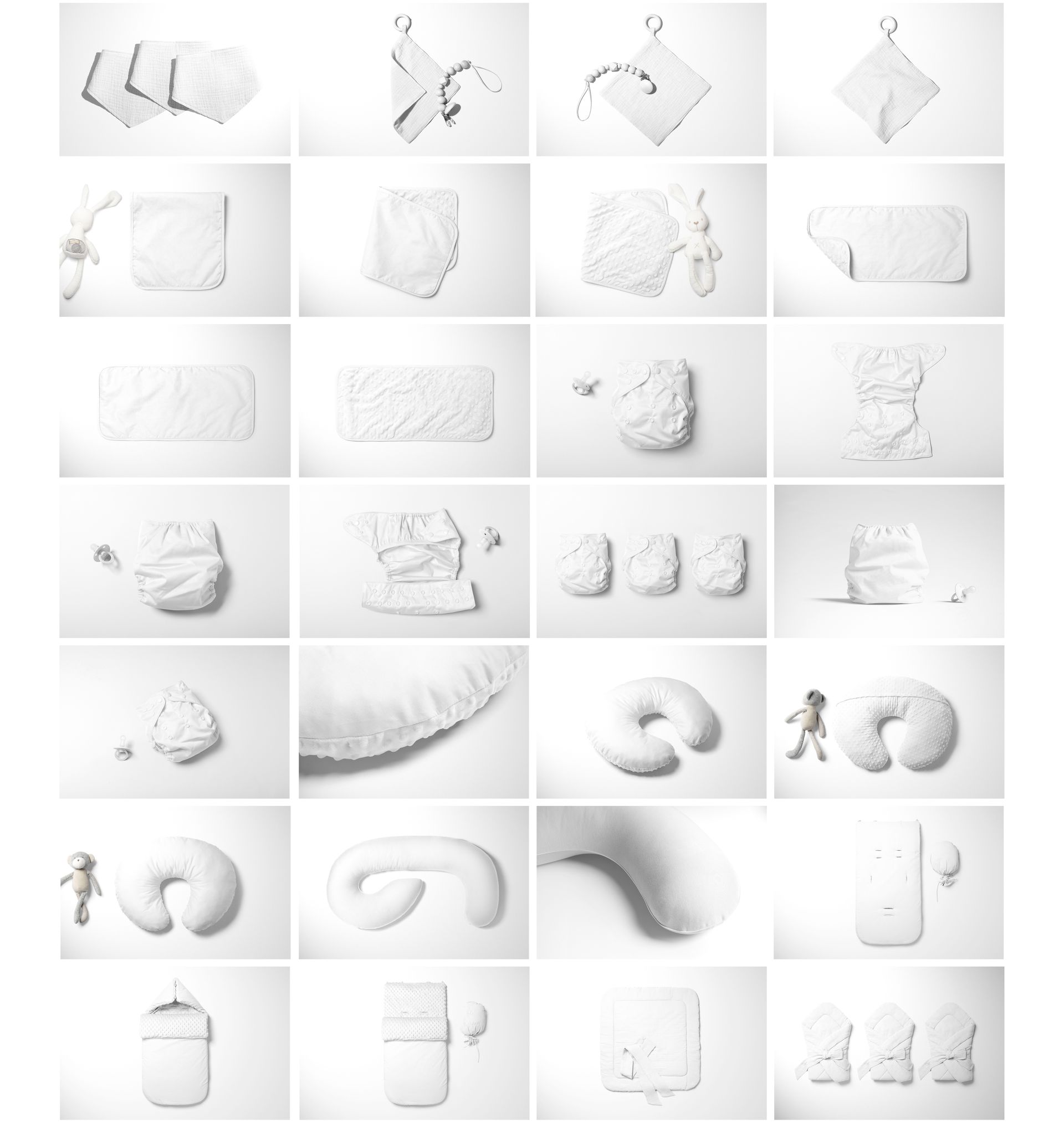 Collection of kids and babies textile items and accessories in white, arranged in grid layout on a plain background.