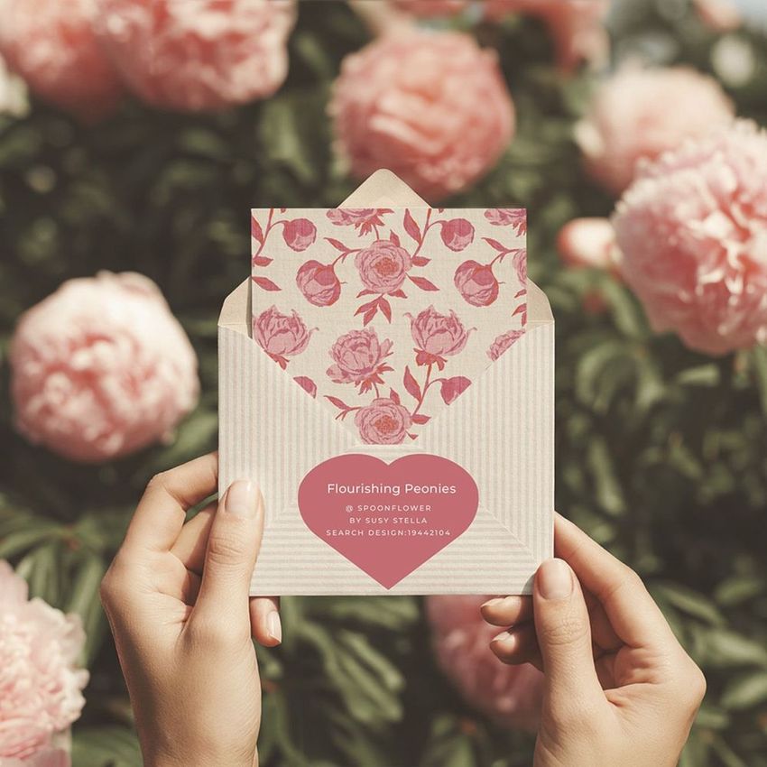 Hands holding an open striped envelope with a floral card inside, set against a background of blooming pink peonies.