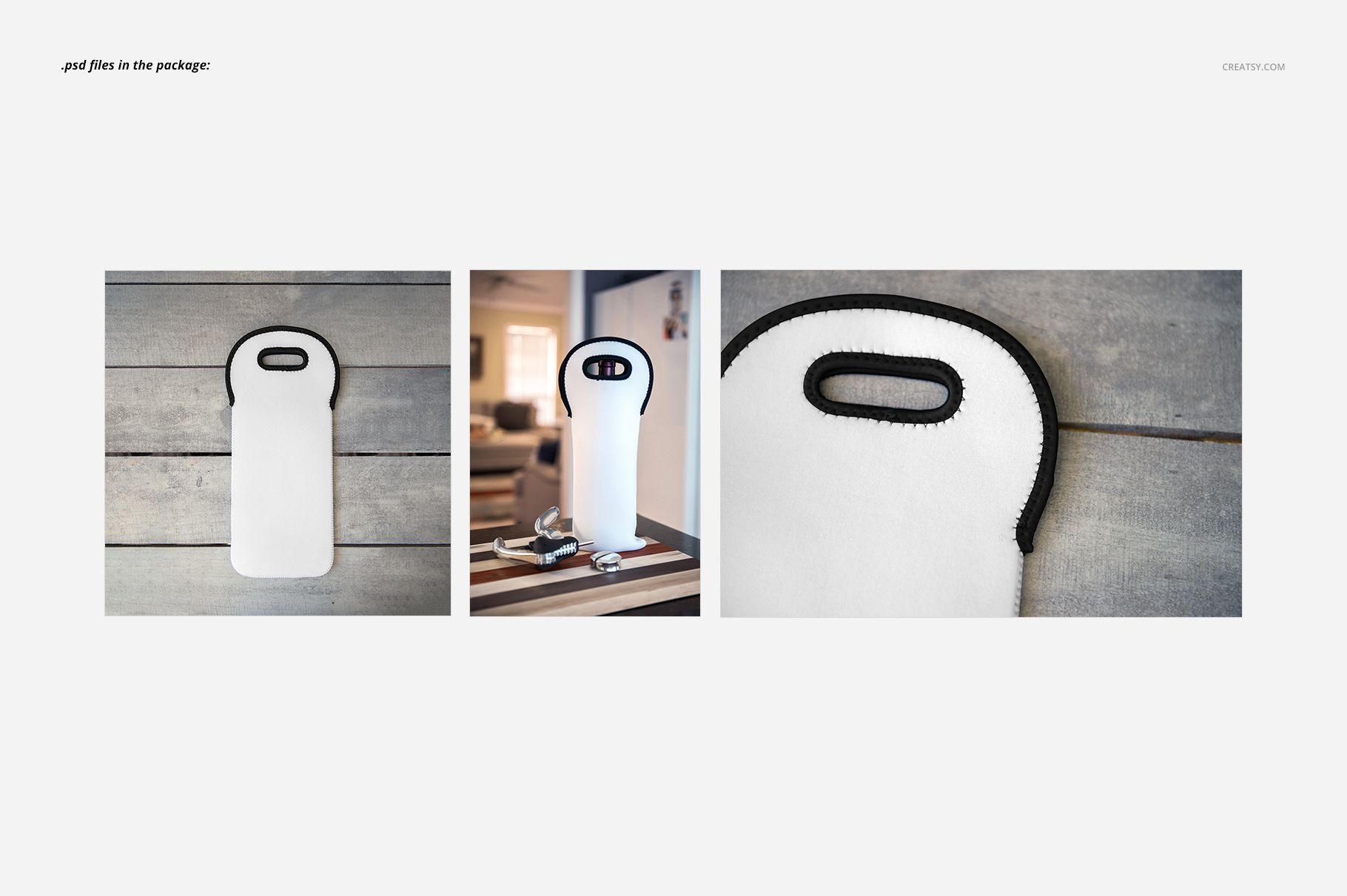 Wine bag mockup featuring a tall, white fabric bag with black trim, shown in front view on a wooden surface.