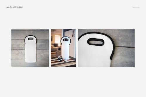 Wine bag mockup featuring a tall, white fabric bag with black trim, shown in front view on a wooden surface.