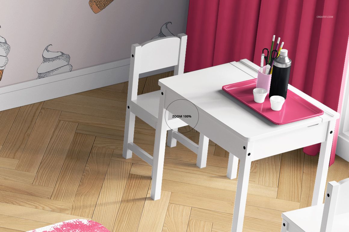 PSD mockup of a kids room interior showing a small white table, wooden herringbone floor, and bright pink curtains.