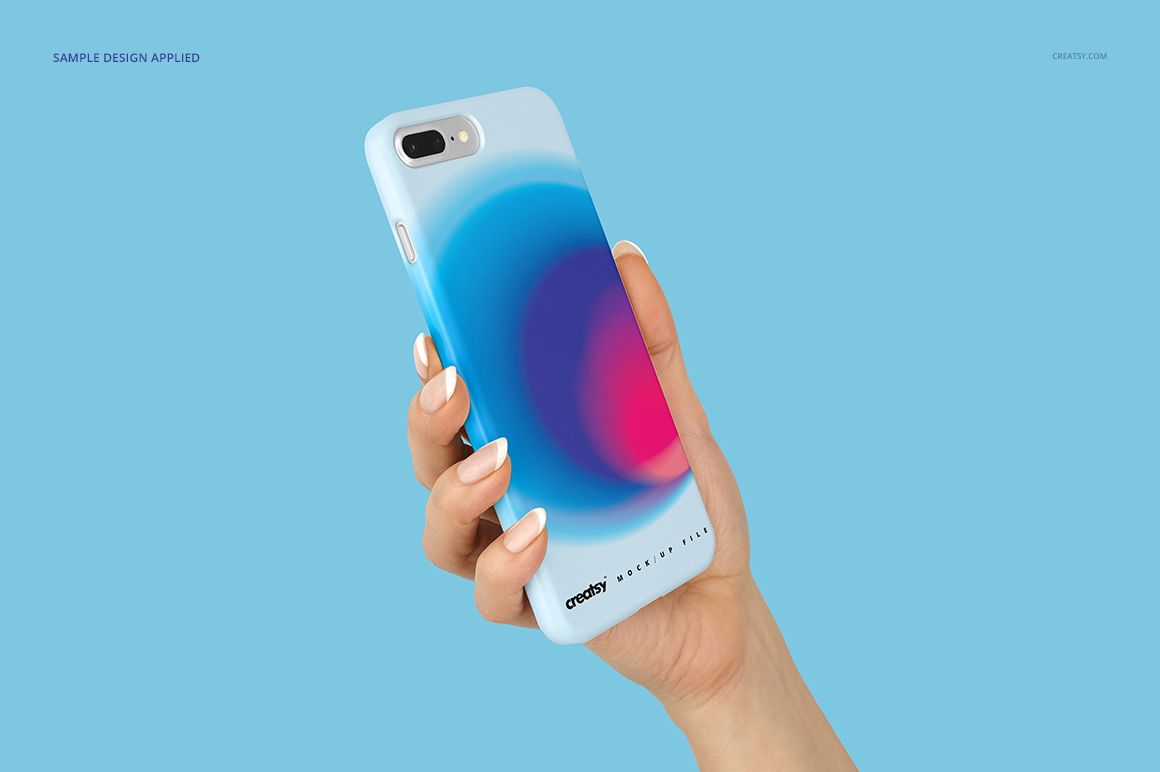 Front view of an iPhone 7+ or 8+ mockup case with a vibrant blue and pink abstract pattern, held in a hand over a blue background.