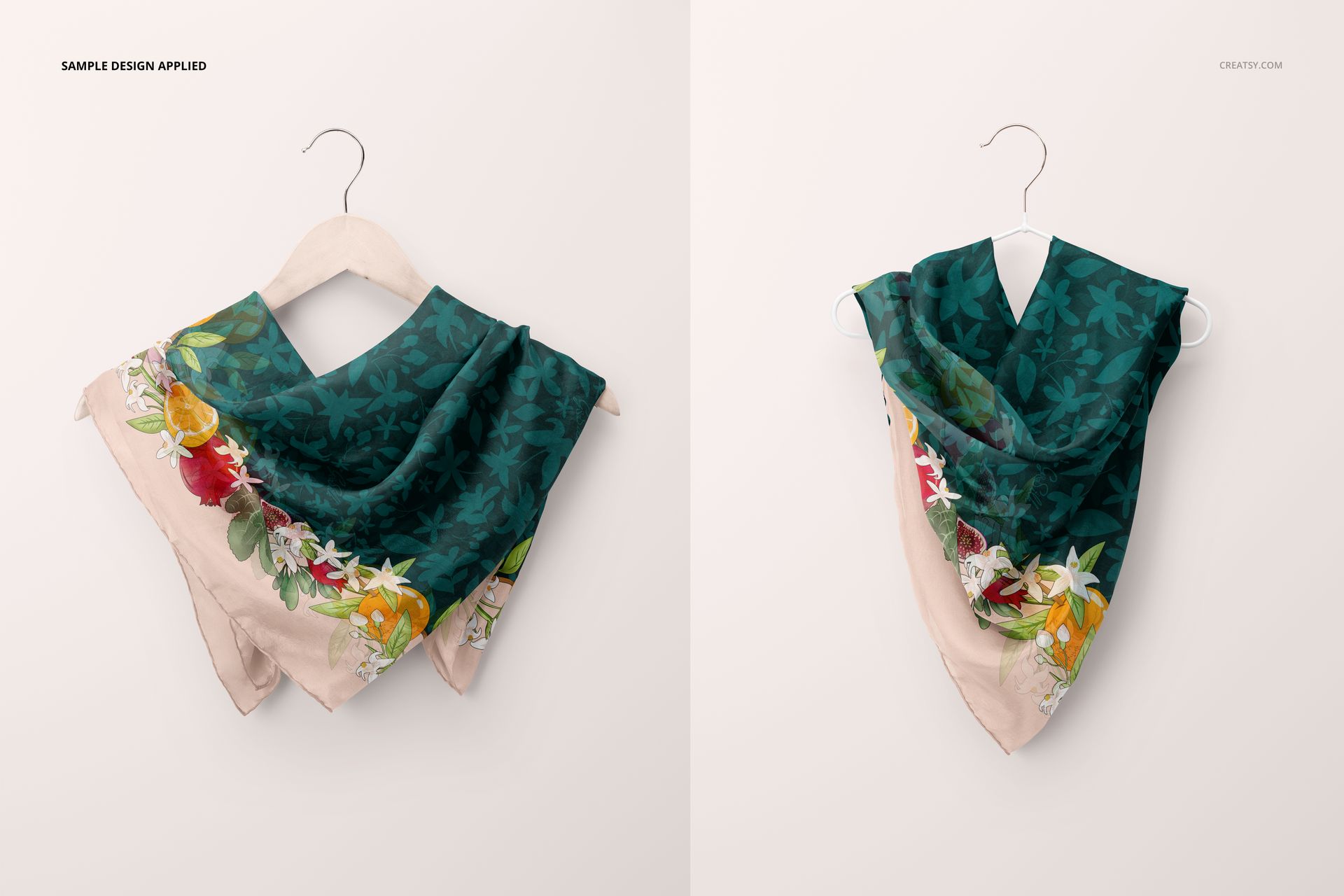 Habotai silk scarf mockup displayed on a hanger, featuring a green leafy pattern and floral border, front view.